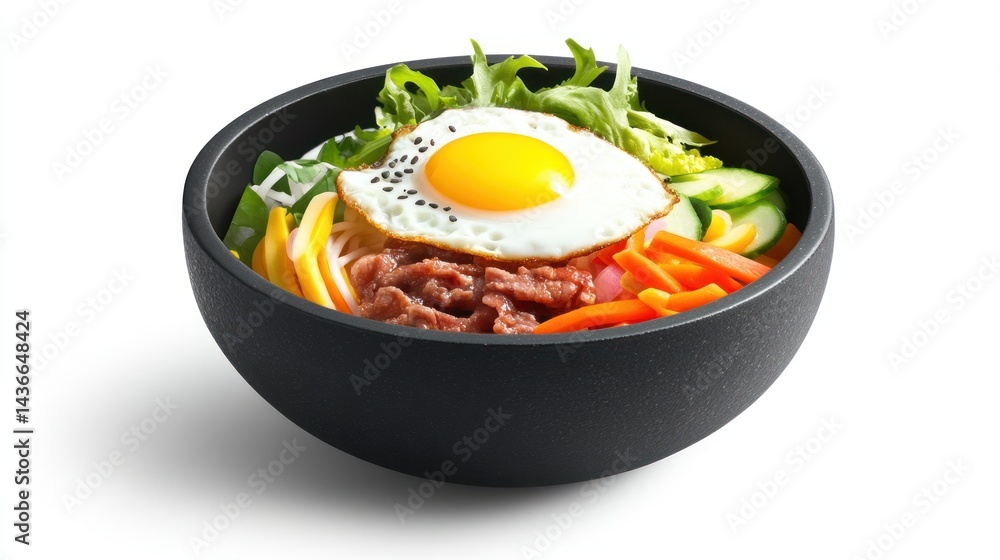 Bowl of bibimbap with fried egg meat vegetables and noodles on white. Bowl of bibimbap with fried egg meat vegetables and noodles on white.