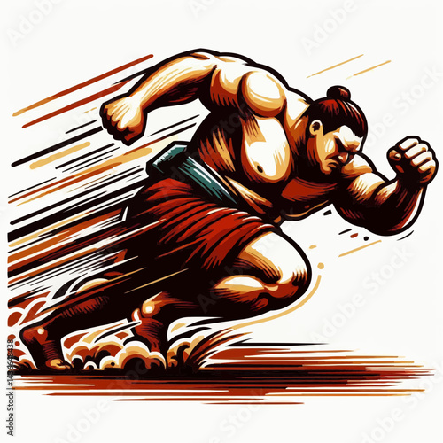 Energetic sumo wrestler sprinting dramatically on white background
