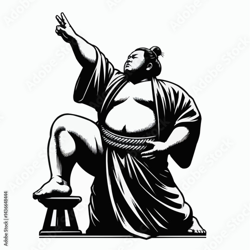 Powerful sumo wrestler celebrating victory in traditional attire on white background