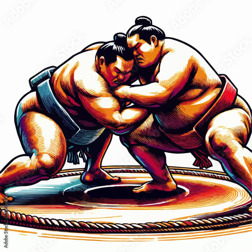 Dynamic sumo wrestling match between two fighters on a circular ring