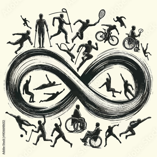 Infinity symbol incorporating various athletic activities and sports figures

