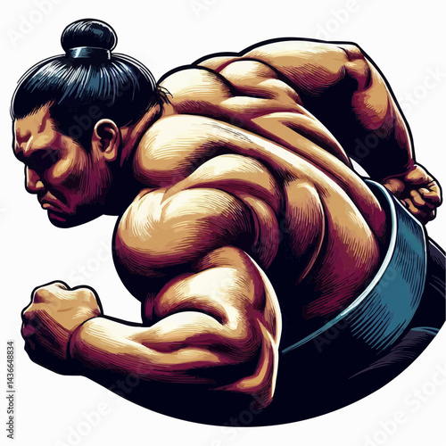 Powerful sumo wrestler in aggressive stance, showcasing muscular physique and determination