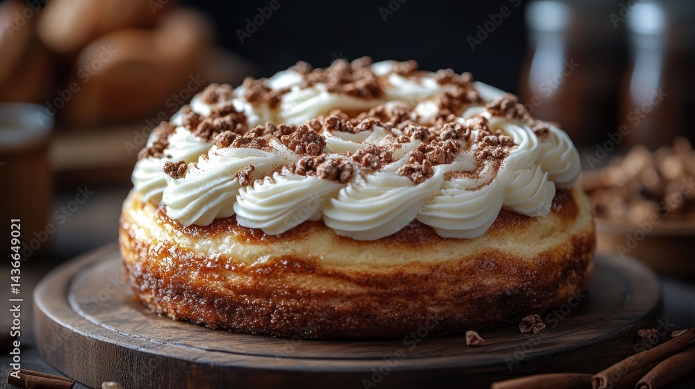 Cheesecake with whipped cream and chocolate chips on a wooden board. Cheesecake with whipped cream and chocolate chips on a wooden board.