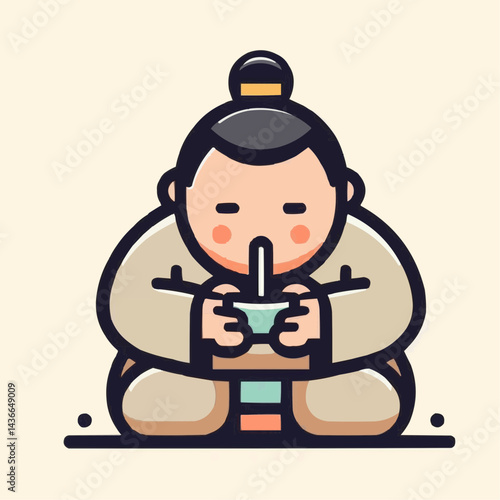 Cute sumo wrestler enjoying tea in traditional pose of mindfulness 
