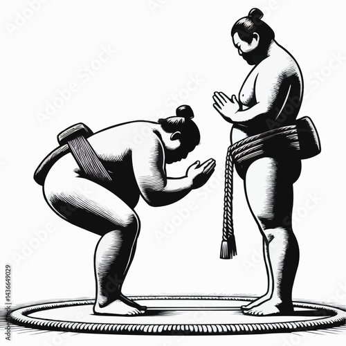 Sumo wrestlers performing bowing ritual before match in traditional ring
