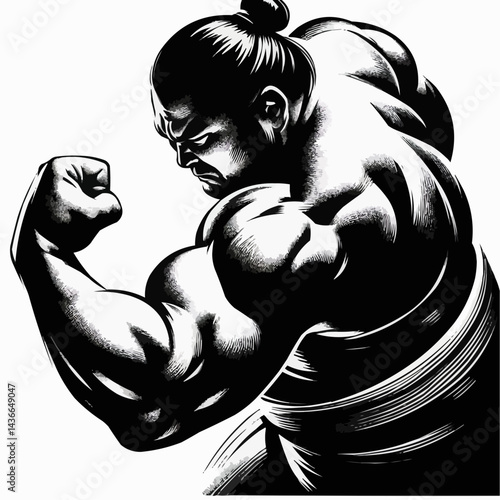 Powerful sumo wrestler showcasing strength in flexed bicep pose