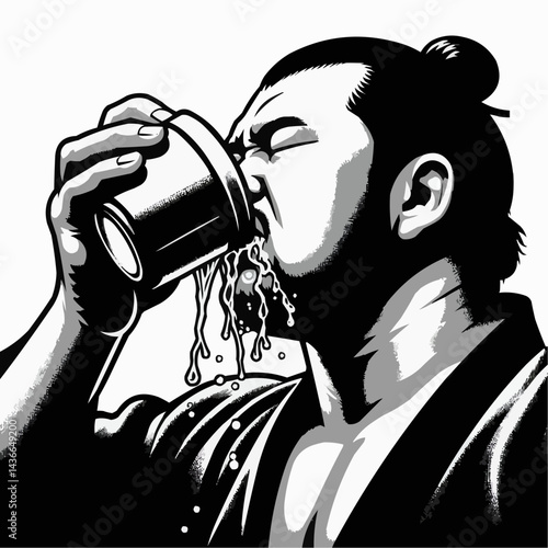 Sumo wrestler performing ritual before match while drinking from a cup