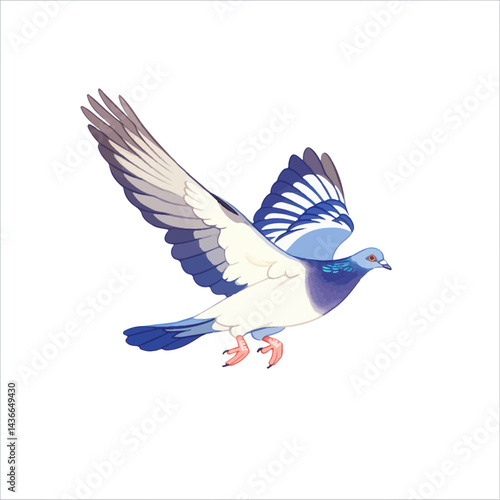 Whimsical bird, dove in flight in blue and gray illustrative style with copy space