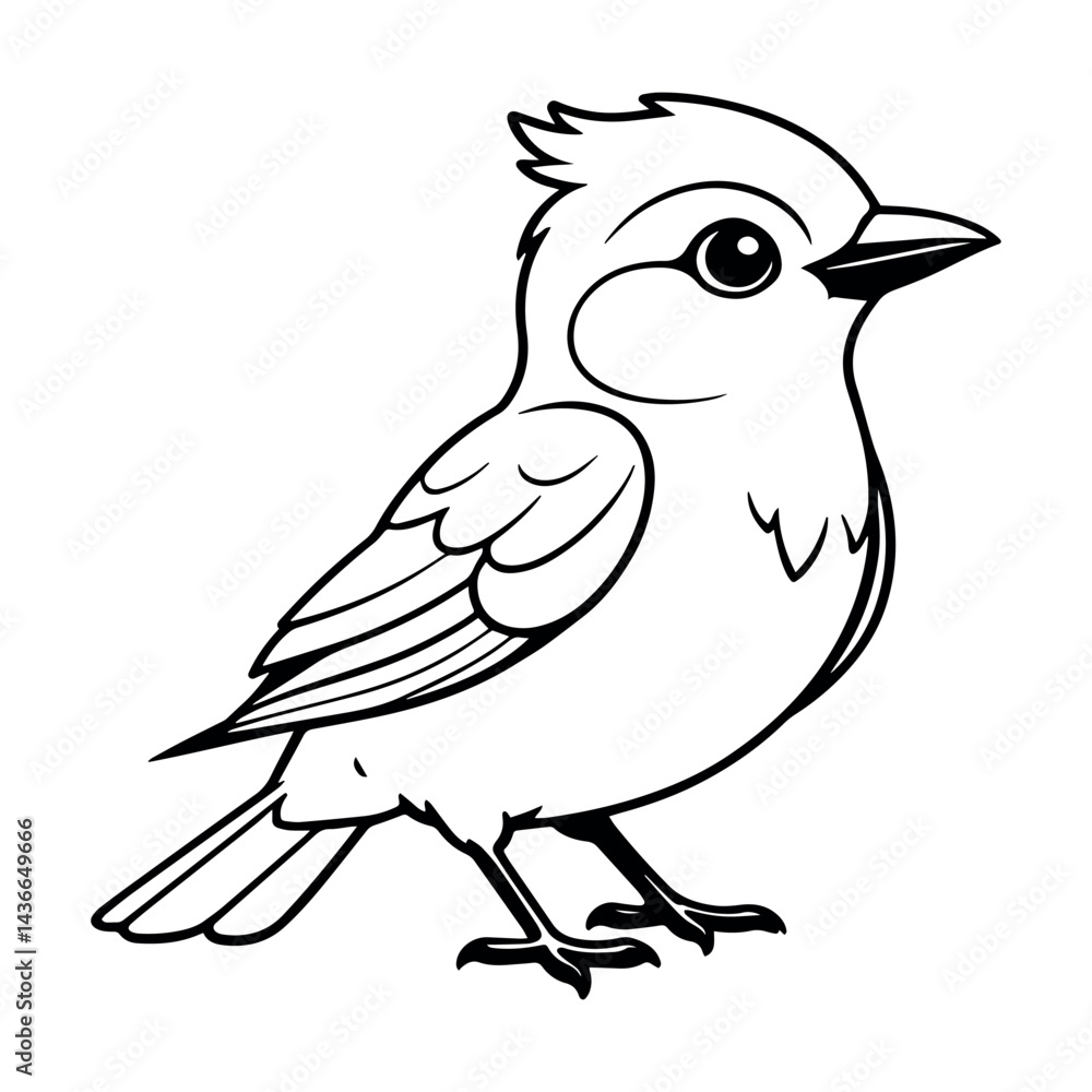 Obraz premium Adorable little bird cartoon illustration simple black and white line drawing cute winged animal icon logo baby avian