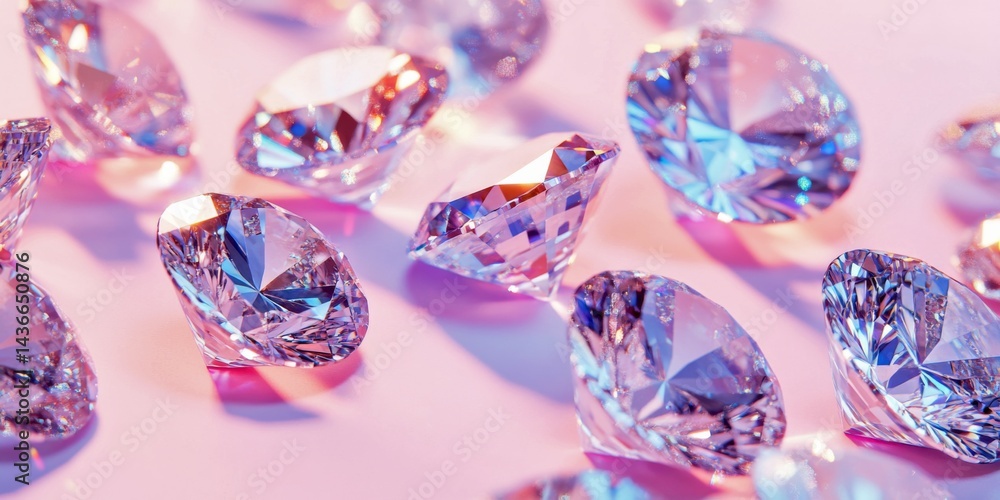 Sparkling diamonds shine in vibrant colors across a soft background. Their elegance and brilliance capture the essence of luxury and beauty. Perfect for jewelry or fashion themes. AI