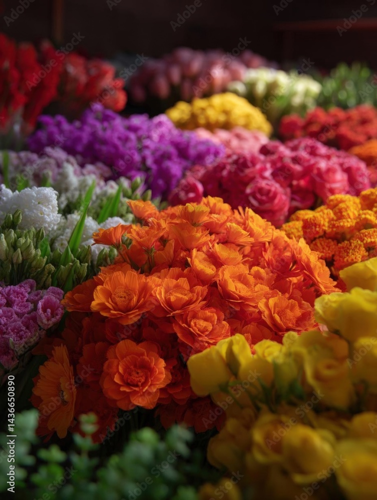 Fototapeta premium Close-up of a bunch of colorful flowers. the flowers are arranged in a way that they are overlapping each other, creating a beautiful and vibrant display.