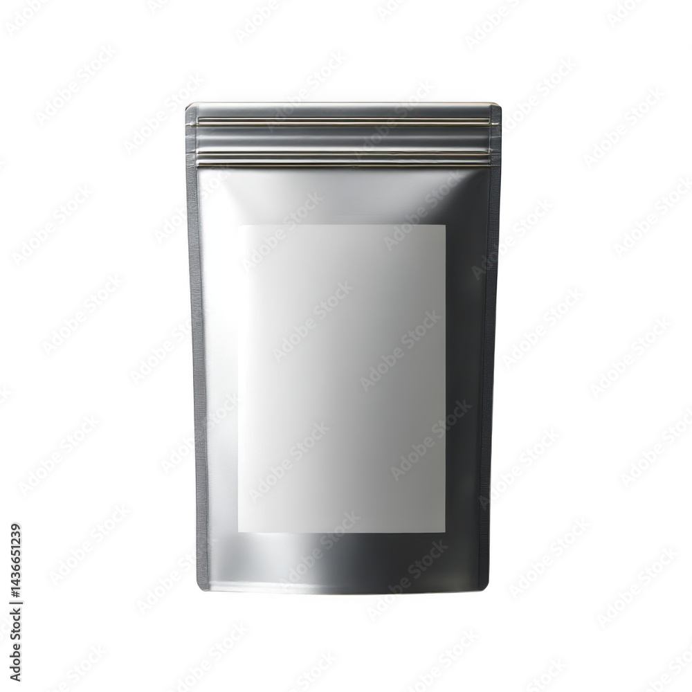 Silver pouch with label isolated on transparent background Silver pouch with label isolated on transparent background