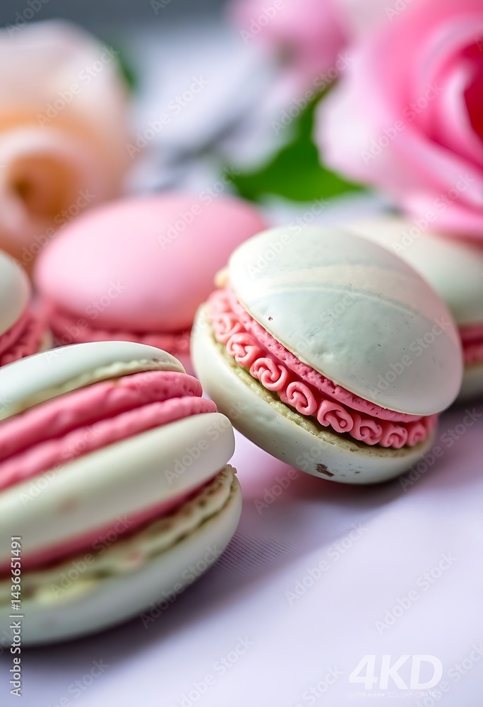 Fototapeta premium close up of macaroons with pink and white frosting