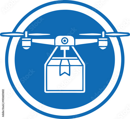  Future technology icon with blue and white color scheme in flat design featuring drone delivery vector graphics in minimalist style with clean lines and modern iconography 