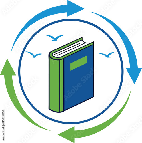 Abstract digital illustration of a stylized book with blue and green accents and swirling arrows