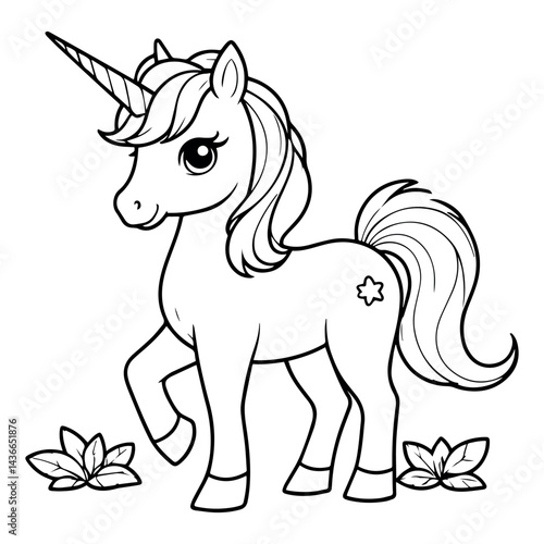 Adorable cute cartoon unicorn coloring page illustration for kids childrens book fantasy magical pony animal fun line