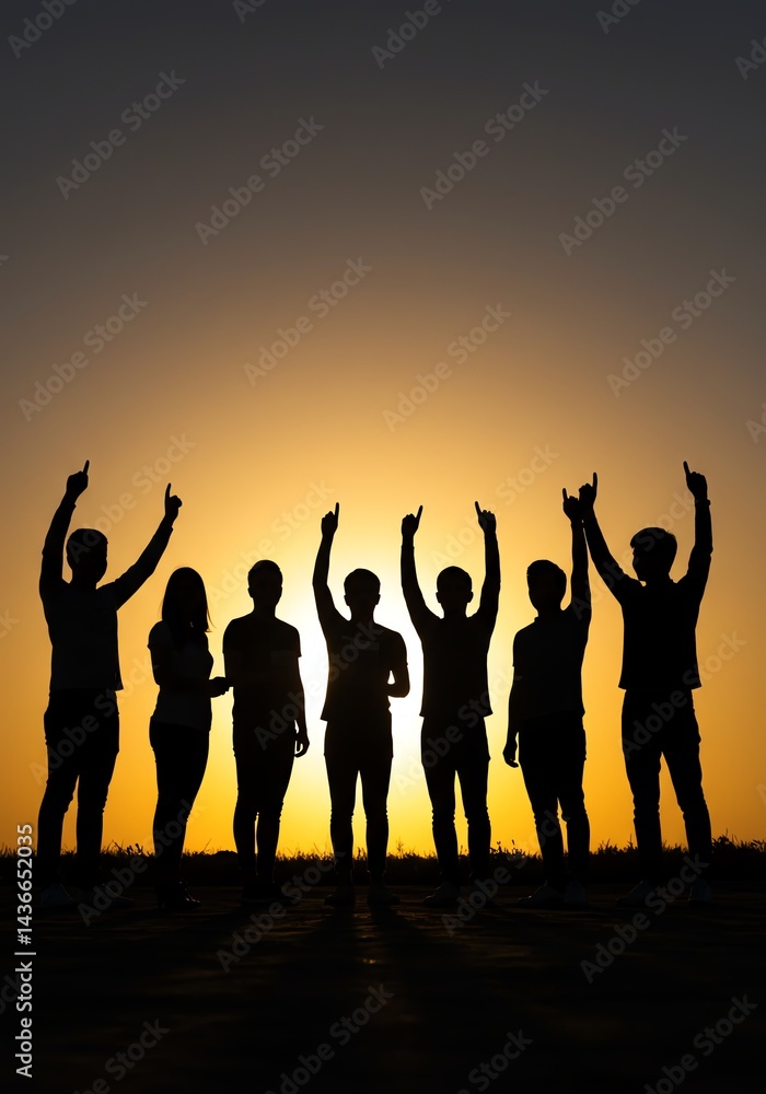 Fototapeta premium Group Silhouetted Against Sunset Pointing Upwards Together