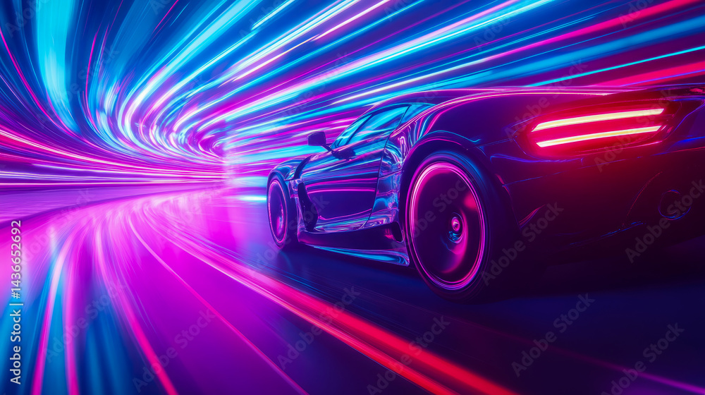 Neon Speed: Car speeding through a tunnel of colorful neon lights, a showcase of speed and vivid motion, ideal as poster or cover. Neon Speed: Car speeding through a tunnel of colorful neon lights, a showcase of speed and vivid motion, ideal as poster or cover.