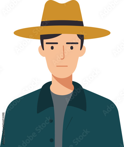 Young man wearing yellow wide brim hat and dark green jacket vector illustration portrait style 
