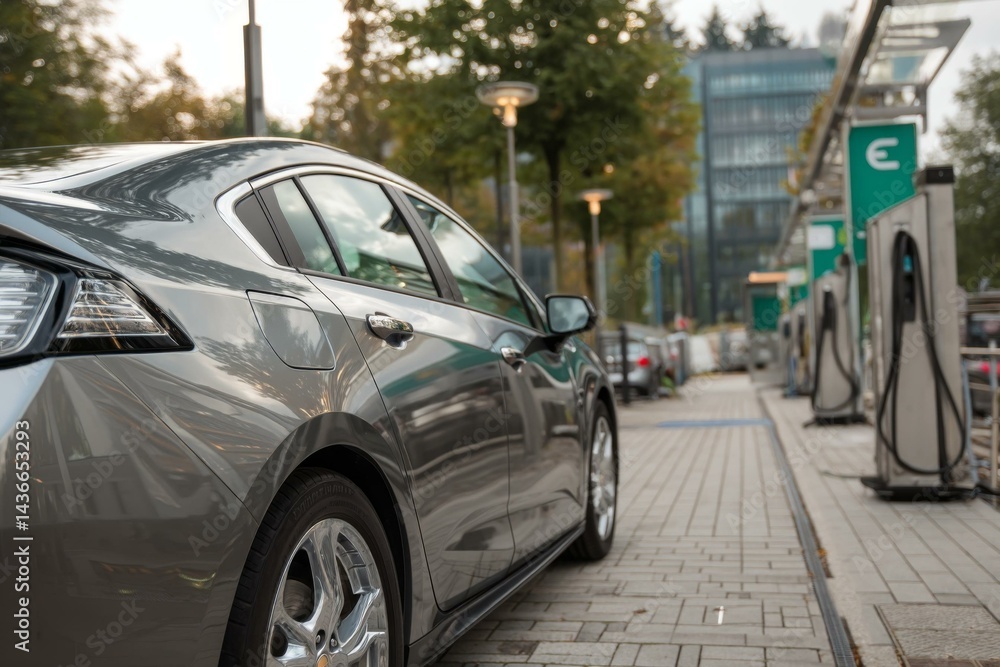 Fototapeta premium Silver Electric Car Charging at Station with Charging Points and Cord Cables on Paved Surface near Trees