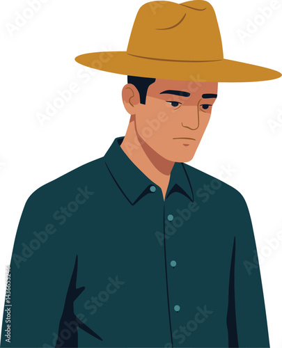 Young man wearing wide brimmed hat and dark green shirt in contemplative pose vector illustration 