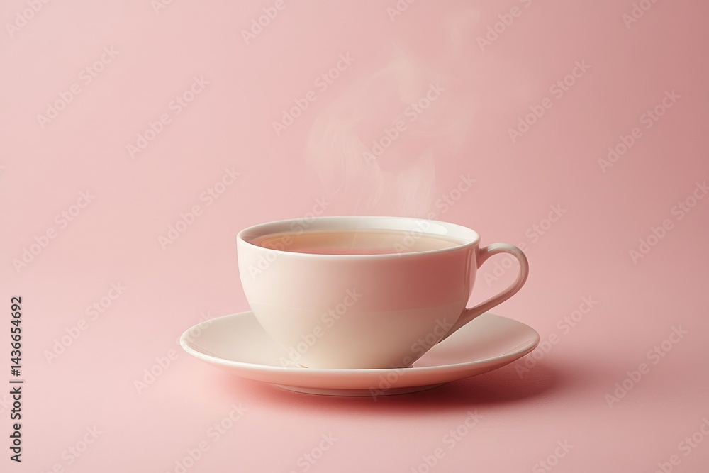 A steaming cup of tea sits on a pink saucer against a pink background. Warm, comforting, and inviting. A steaming cup of tea sits on a pink saucer against a pink background. Warm, comforting, and inviting.