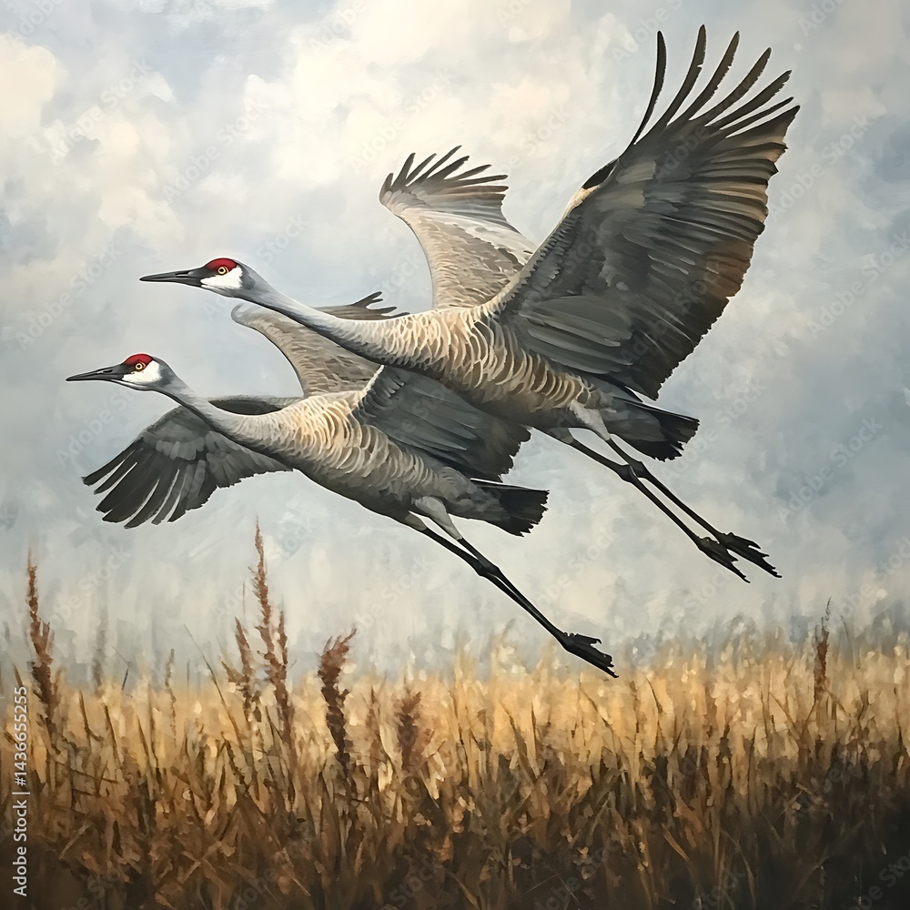 Fototapeta premium Pair of sandhill cranes flying over calm waters at dawn