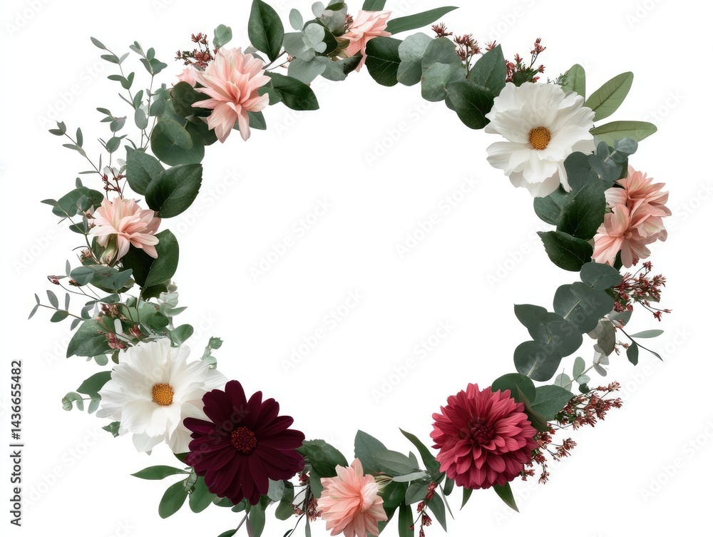 Fototapeta premium Floral wreath design, blank center, elegant composition