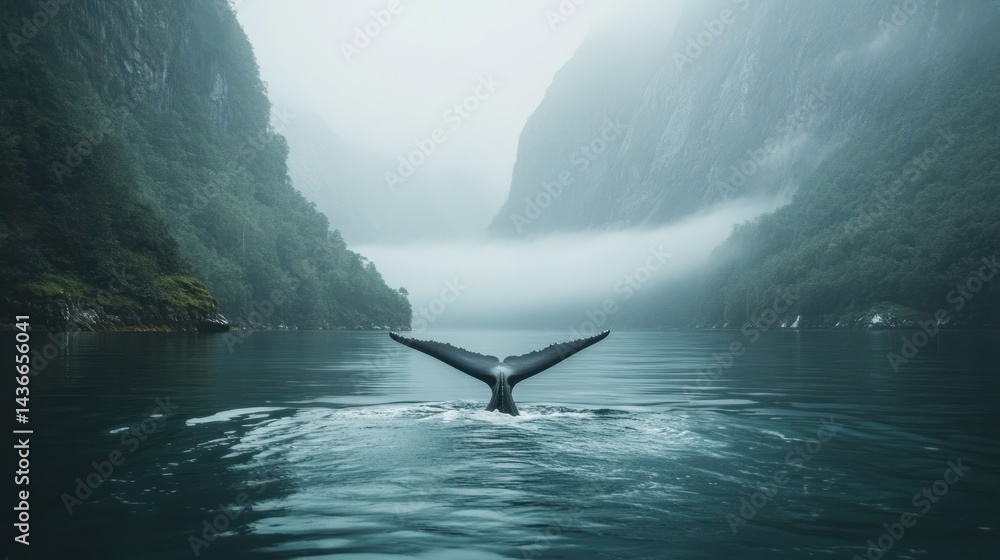 Fototapeta premium Majestic whale tail emerging from mist-shrouded fjord