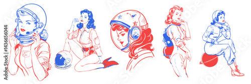 Wallpaper Mural Vintage line art drawing style of a woman wearing an astronaut space outfit Torontodigital.ca