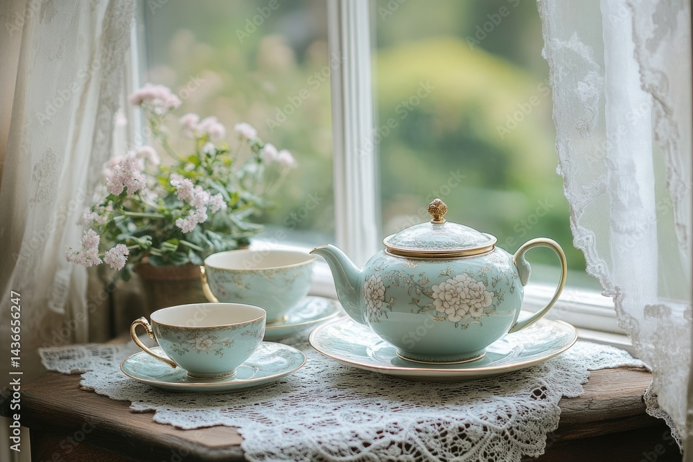 Elegant tea set with floral design, placed on a lace doily by a window. Elegant tea set with floral design, placed on a lace doily by a window.