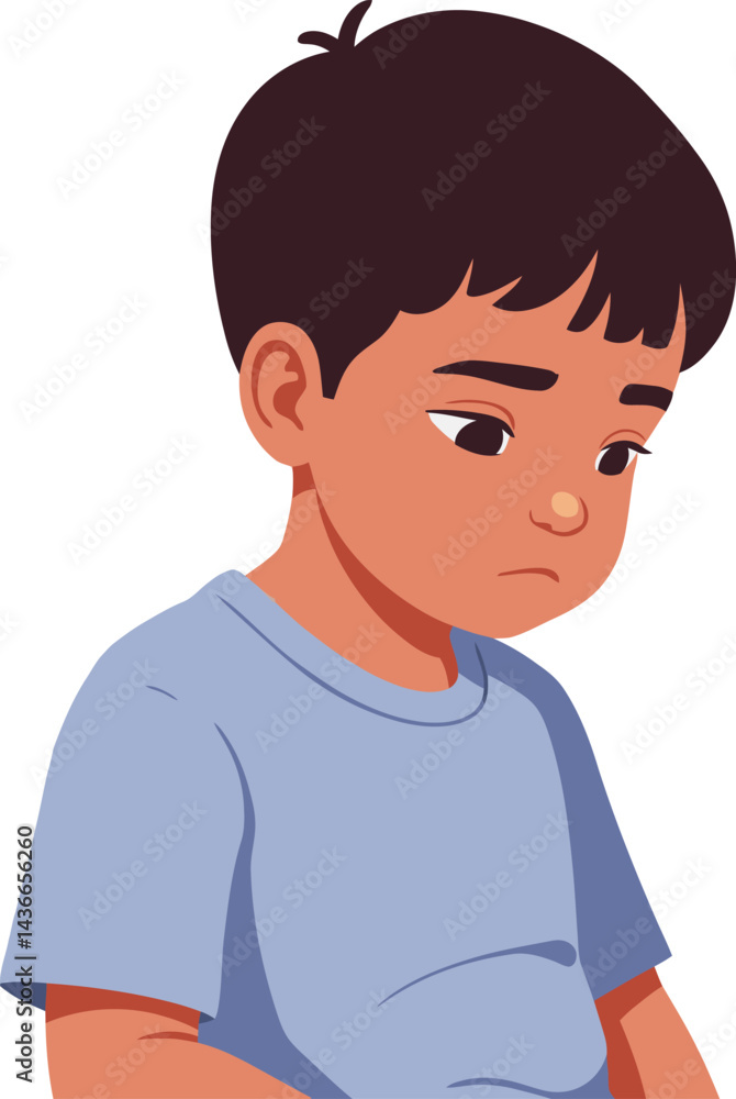Sad boy with short hair wearing blue t-shirt looking down in thoughtful pose vector illustration Sad boy with short hair wearing blue t-shirt looking down in thoughtful pose vector illustration