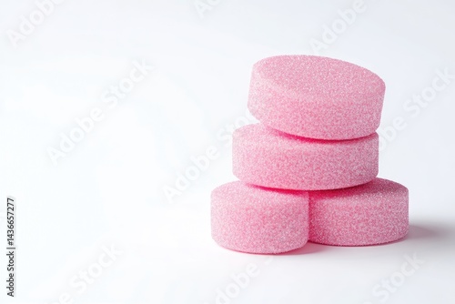 Stack of four light pink effervescent tablets on white background