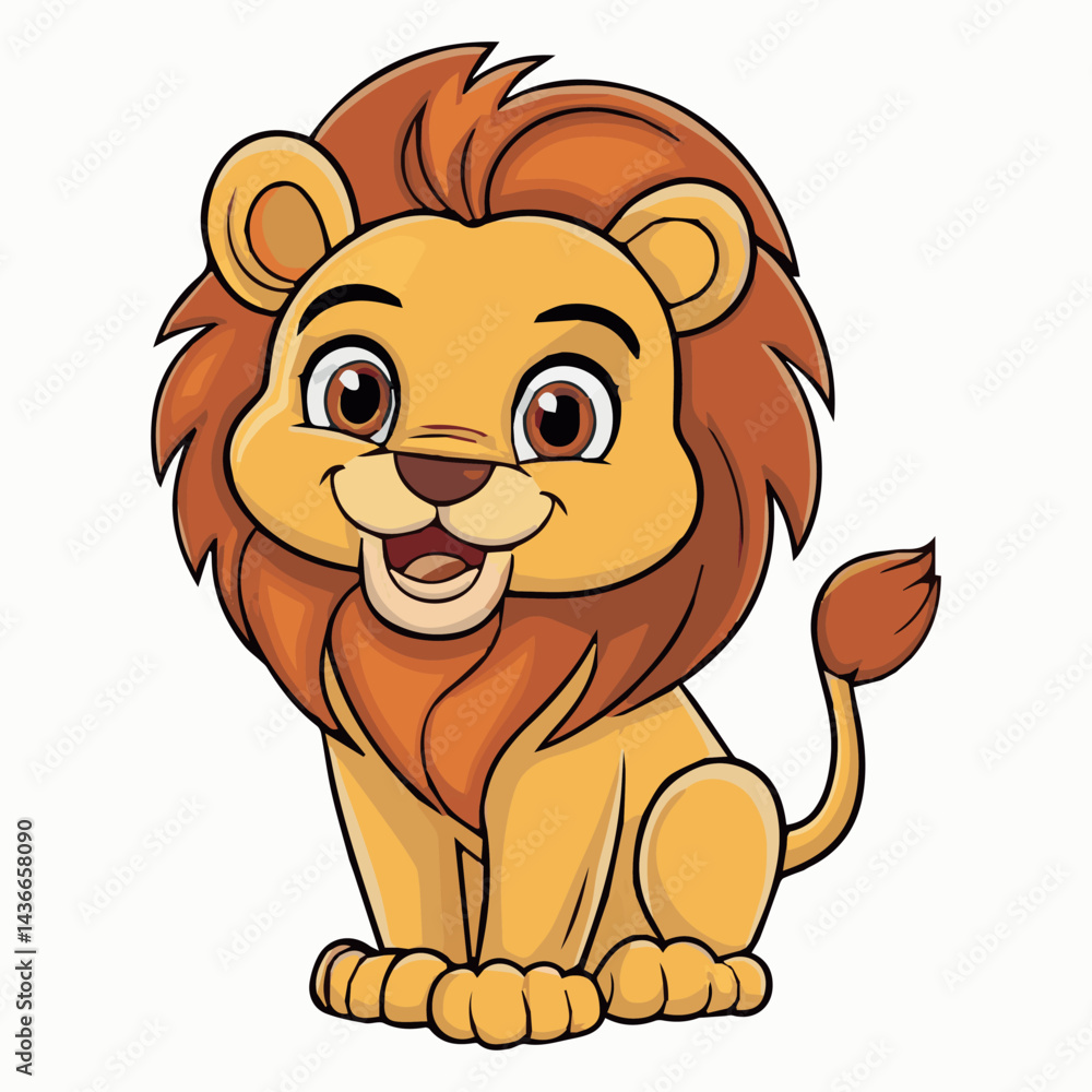 Fototapeta premium Adorable cartoon baby lion cub sitting happy illustration cute mane fauna animal design