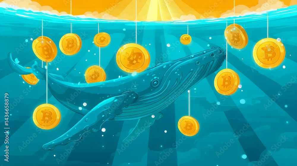 Whale swims in blue ocean with coins hanging down from above near bright sunlight, crypto currency concept