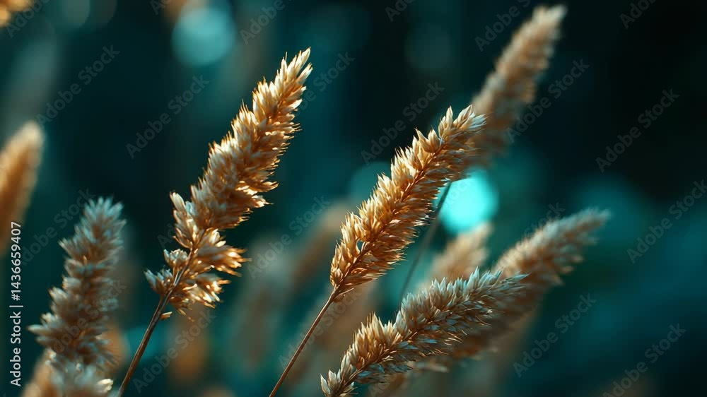 Close-up of sunlit wheat stalks in a field on a blue day, creating a natural, peaceful scene of plant life in a meadow. Close-up of sunlit wheat stalks in a field on a blue day, creating a natural, peaceful scene of plant life in a meadow.