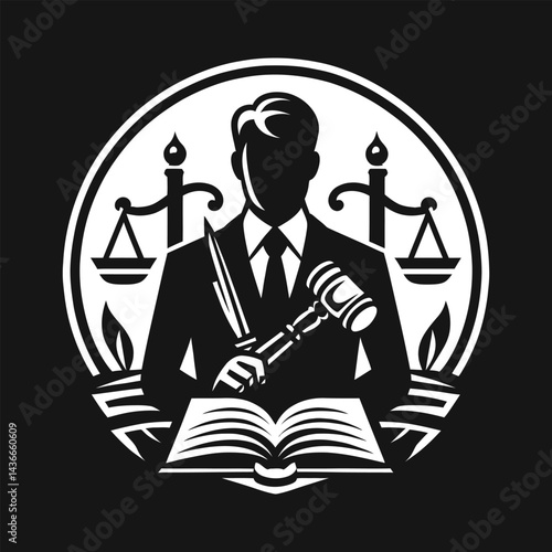 Lawyer Holding Gavel and Knife with Scales of Justice and Open Book