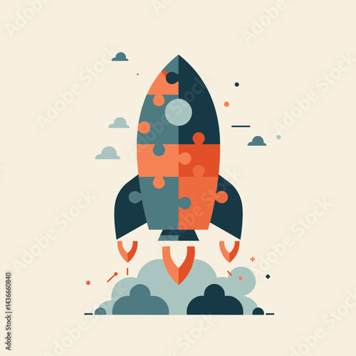 Puzzle rocket launching against a minimalistic background  