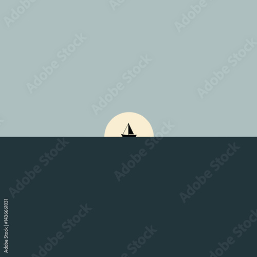 Minimalist sailboat against a serene sunset background  