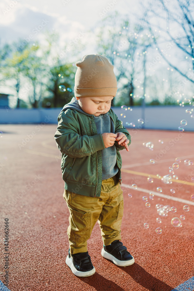 Cheerful 2 year old boy playing outside in summer in a green jacket with soap bubbles. Toddler boy running outside and playing with bubbles.