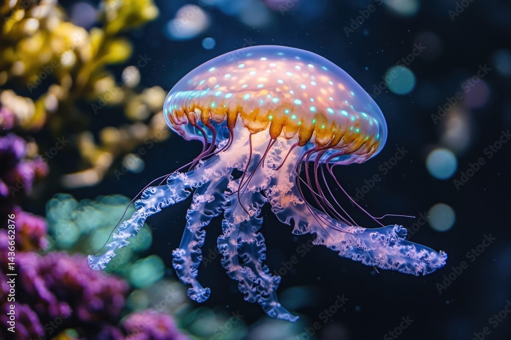 Fototapeta premium A bioluminescent jellyfish gracefully floats in the ocean depths, its bell adorned with vibrant spots.