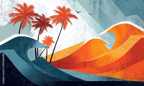 Surf-themed vector mural with red-orange waves, blue shadows, and minimalist palm lines blowing in imaginary wind