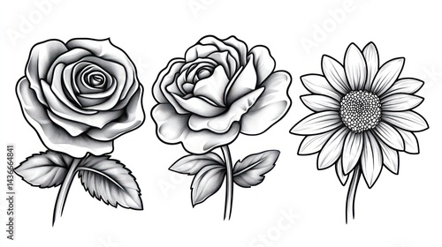 Fototapeta Naklejka Na Ścianę i Meble -  Monochrome rose and sunflower drawings; floral design elements; white background; graphic design
