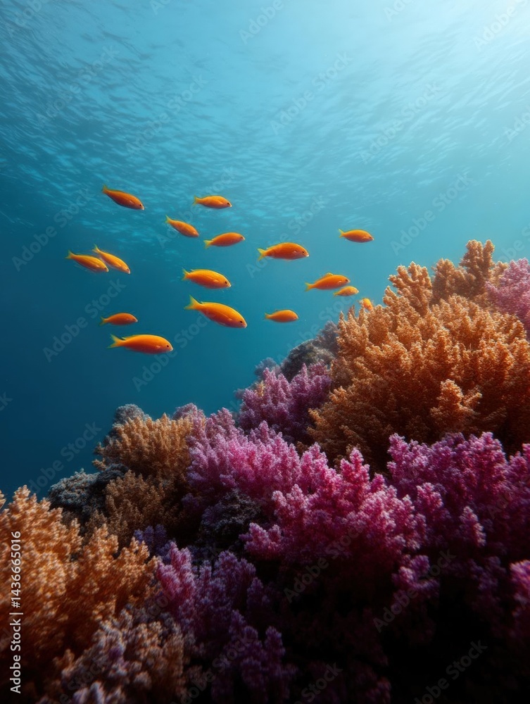 Obraz premium Underwater photograph of a group of orange fish swimming over a coral reef.