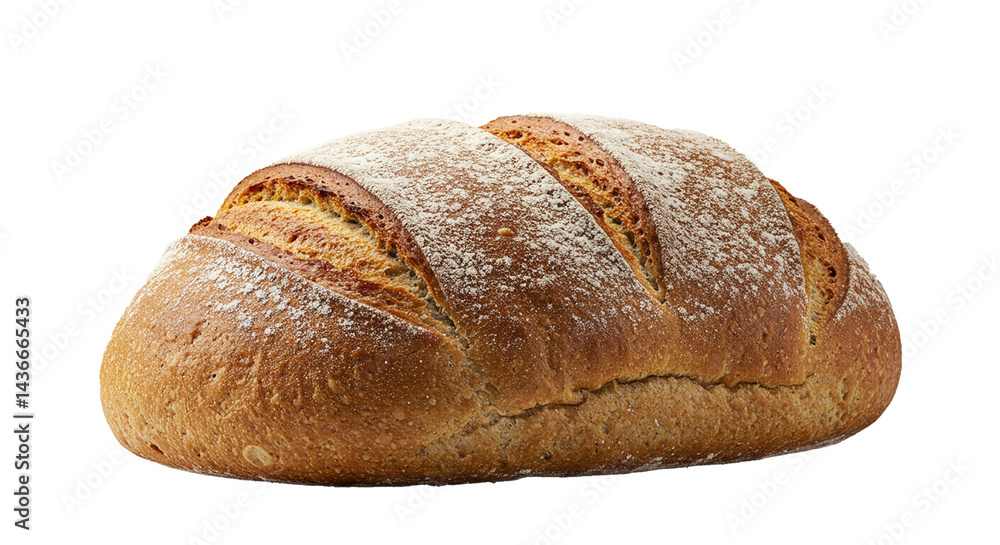 A rustic loaf of sourdough bread is presented with a dusting of flour atop a black background. A rustic loaf of sourdough bread is presented with a dusting of flour atop a black background.