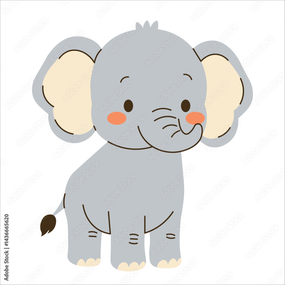 Naklejka premium Flat style illustration of a cute baby elephant standing with a cheerful expression, ideal for childrens books, educational materials, and animal-themed designs.