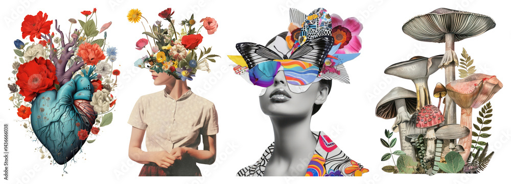 PNG Surreal floral art collages, element set on transparent background