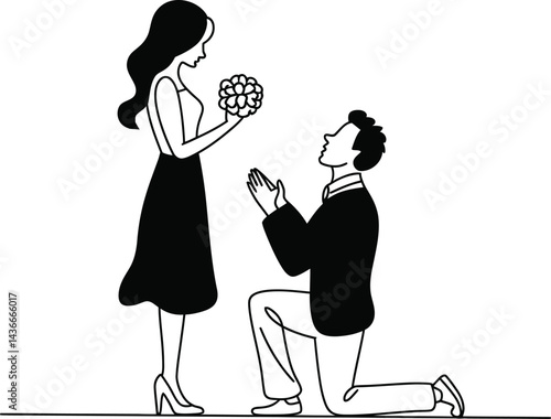 Romantic Man Kneeling with Flowers Proposing to Woman Line Art Vector Illustration






