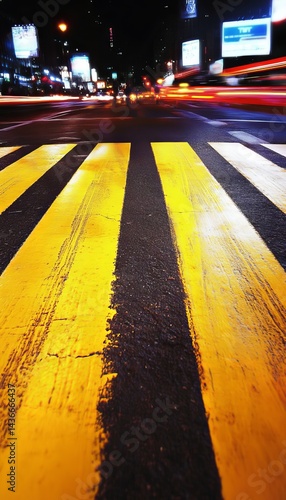 Vibrant urban night scene at a busy crosswalk with bright lights and distinct yellow lines