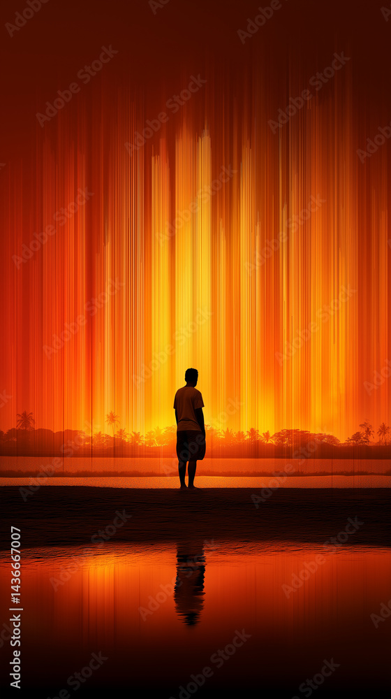 Fototapeta premium Solitude and Spectacle: A lone figure stands in quiet contemplation, gazing upon an awe-inspiring vista of vibrant light display, a powerful illustration of isolation and wonder.